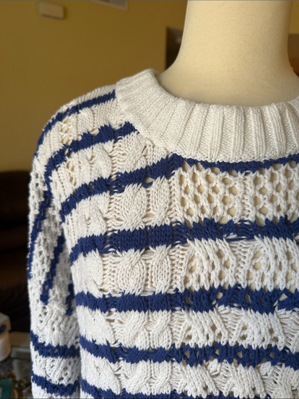 Sonoma White and Navy Striped Open-Knit Crew Sweater